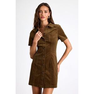 Lulus Rhienne Dark Olive Corduroy Button-front Short Sleeve Mini Dress Green